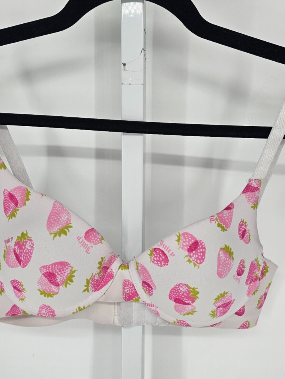 Y2K Juicy Couture Sz 34B Padded Push Up Bra White Pink Strawberry Print